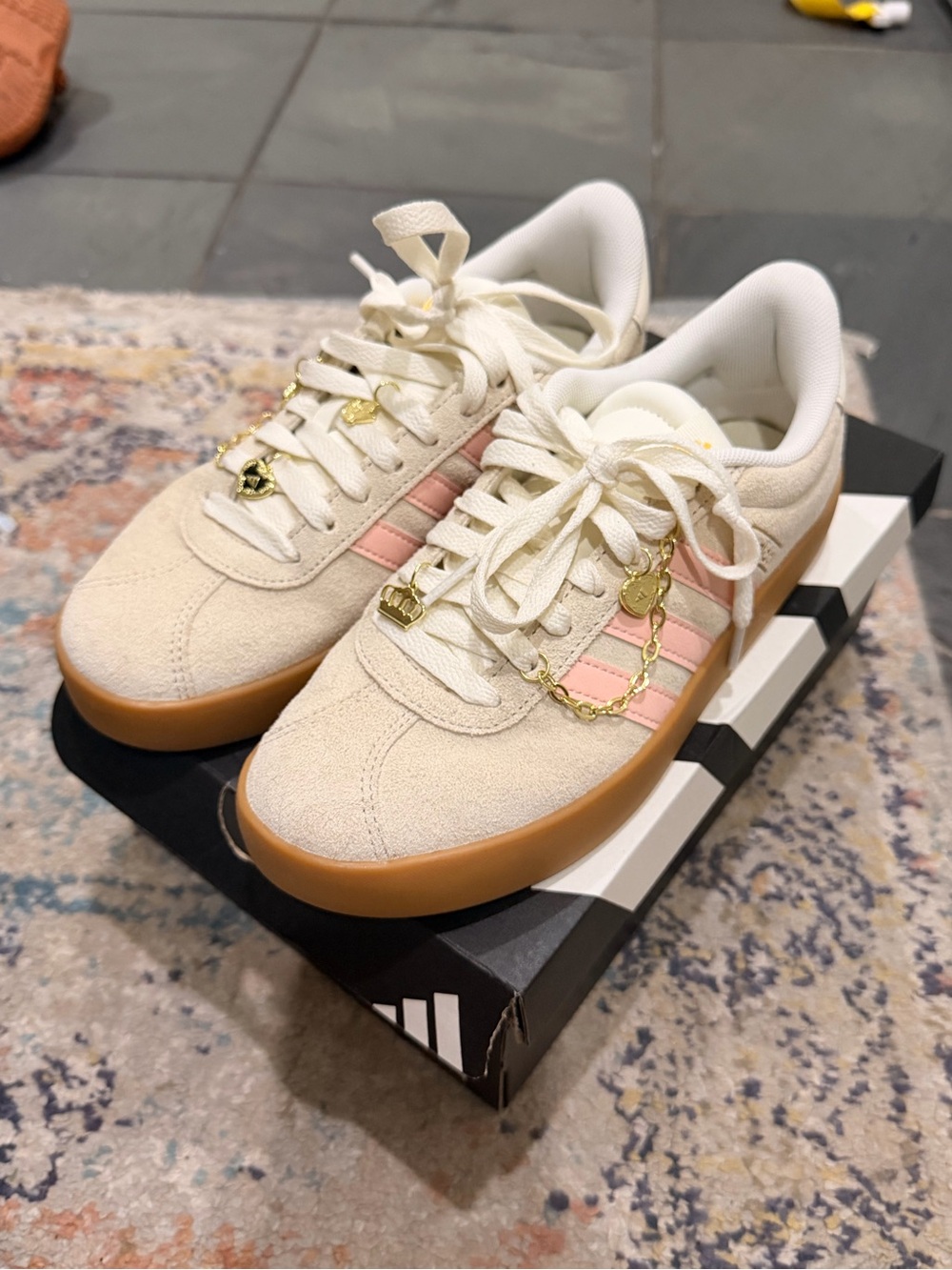 adidas Women's Cream Suede Charm Sneakers with Pink Stripes and Gum Sole